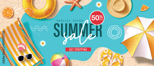 Summer Sale Special Offer Banner with Beach Chair Umbrella and Vacation Accessories Vector Illustration