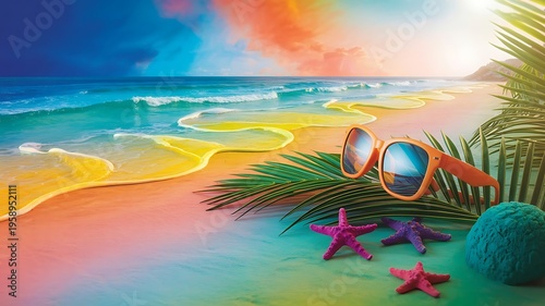 Vibrant tropical beach scene with sunglasses starfish and palm fronds under a colorful sky