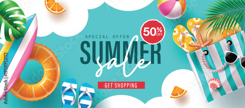 Summer Sale Special Offer Banner with Beach Accessories and 50 Percent Discount Vector Illustration