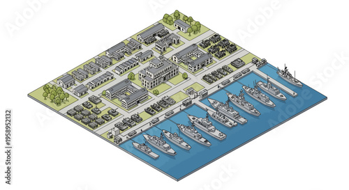 Isometric 3D illustration of a military base with buildings, harbor, and warships docked in the water, showcasing a strategic coastal defense setup