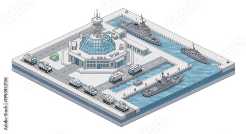 Isometric illustration of a military base with a central tower, surrounded by a harbor with ships and a parking lot with vehicles, showcasing a strategic defense concept