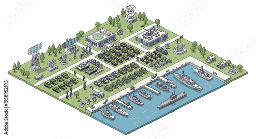 Isometric illustration of a military base with buildings, trees, and a harbor filled with warships and boats