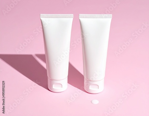 Two white cosmetic tubes casting shadows on a pink surface