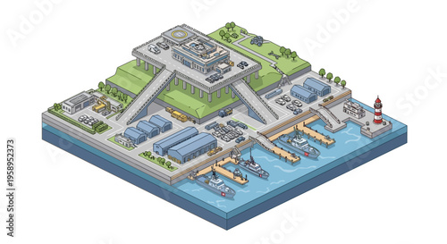Isometric 3D illustration of a military base with a harbor, featuring various buildings, ships, and a tower, showcasing a strategic layout and design concept