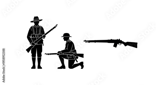 A silhouette illustration of two ANZAC soldiers with rifles, one standing and one kneeling, against a white background, evoking a sense of remembrance and tribute on World War military