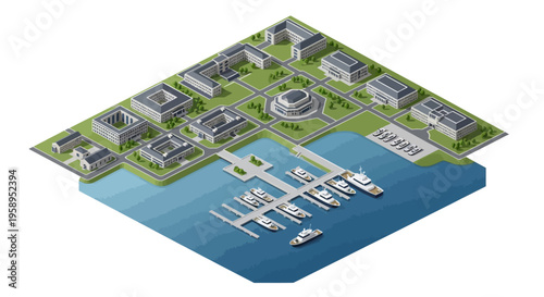 Isometric illustration of a military base with buildings, harbor, and warships, showcasing a strategic coastal defense setup with a mix of technology and infrastructure