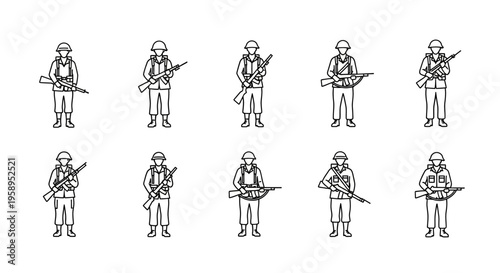 Illustration of multiple anzac soldier silhouettes and world war soldier shadows in various poses, representing a fallen soldier tribute on remembrance day with a military theme, against a