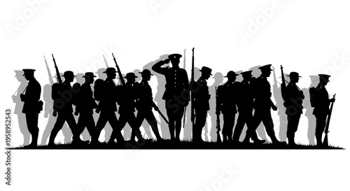 Silhouette illustration of a group of anzac soldiers walking in a line, saluting and carrying rifles on a white background, a fallen soldier tribute for remembrance day with a somber mood.