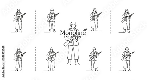 Monoline illustration of multiple anzac soldier silhouettes in various poses, forming a tribute to fallen soldiers on remembrance day with a world war military theme and army sunset