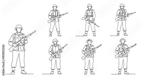 Illustration of seven anzac soldiers in various poses, showcasing military silhouettes for remembrance day, against a clean white background with a somber mood.