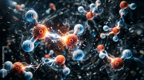 Dynamic Water Molecule Interactions Showing Energetic Bonding and Chemical Reactions
