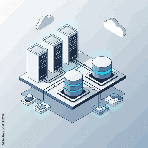 Isometric illustration of cloud computing infrastructure, data storage, and network servers in a digital environment