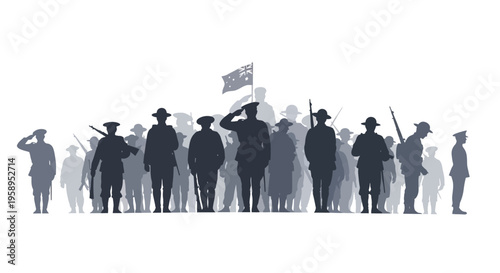 Silhouette of ANZAC soldiers saluting with a flag, a remembrance day military tribute illustration in grayscale against a white background.