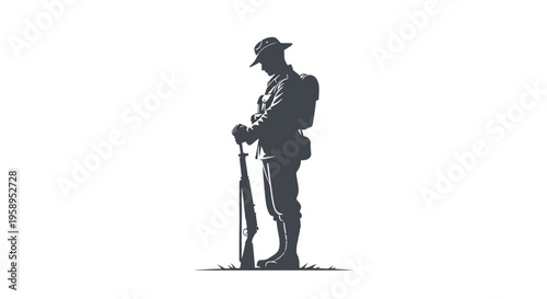 A silhouette of an ANZAC soldier standing with a rifle, paying tribute on Remembrance Day against a clean white background with a somber mood.
