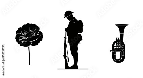 Anzac soldier silhouette standing with a rifle against a clean white background, representing a fallen soldier tribute on Remembrance Day with a solemn mood.