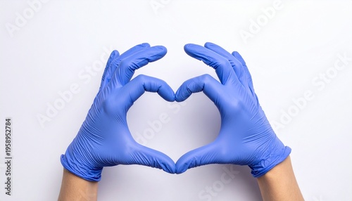 Two hands in blue medical gloves forming a heart shape, symbolizing care and health.