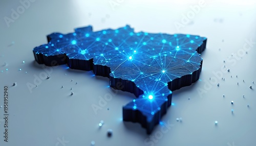3D map of Brazil shows digital network connections across country. Glowing blue nodes and lines represent data transfer and communication infrastructure.