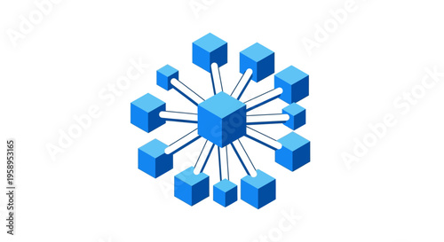 Centralized Network Structure Of Blue Cubes In Isometric View