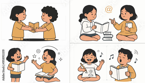 Children reading and sharing books together.