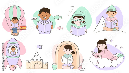 Children reading books happily everywhere outside.