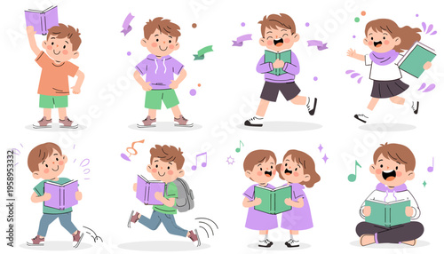 Children reading books happily together.