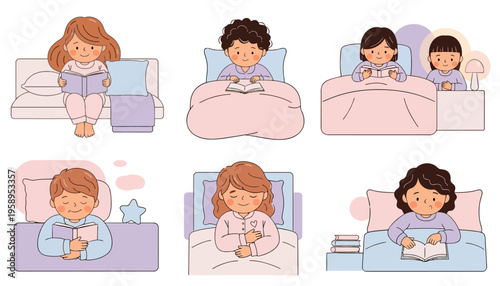 Children Reading in Bed at Night.