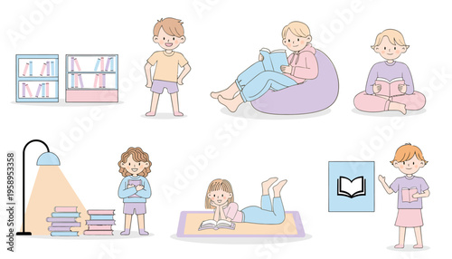 Children reading books in various poses.