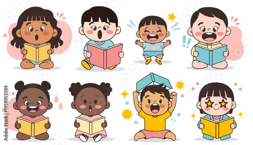 Diverse children reading books happily 1.