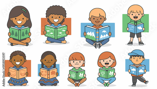 Diverse children reading books happily.