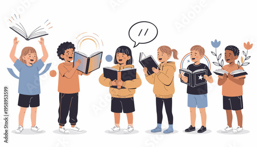 Diverse group of children reading books.