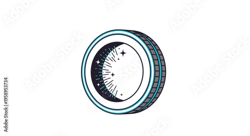 Celestial Moon Crescent Emblem With Starry Accents And Tire Tread Design
