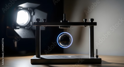 Dramatic cinematic shot of a mysterious floating sphere suspended by magnetic forces, glowing with a neon blue ring of energy in a dark, atmospheric high-tech laboratory setting