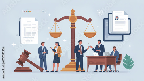 Lawyer and clients discussing legal documents with judge gavel and scales of justice in professional office setting