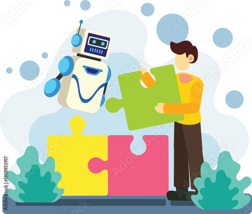 Human and robot solving puzzle together illustration