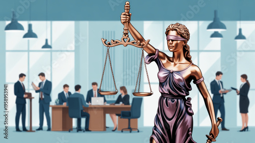 Justitia holding scales in office setting with business professionals