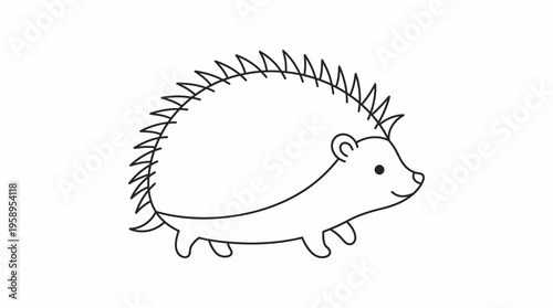 Simple black and white line drawing of a cute hedgehog with a friendly expression, facing right on a plain background.