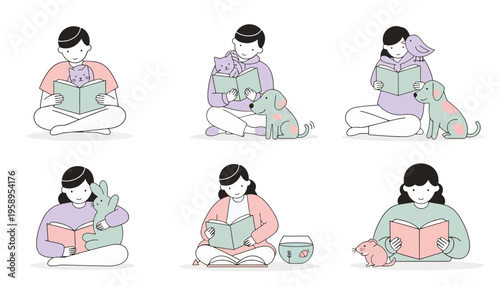 Woman reading book with cat.