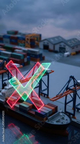 Strategic supply chain disruption with crisis management negotiation concept at cargo port terminal under cloudy sky atmosphere