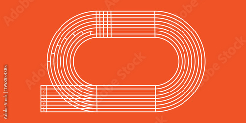 Top view illustration of an athletics running track with eight lanes in white lines on an orange background in flat design style.
