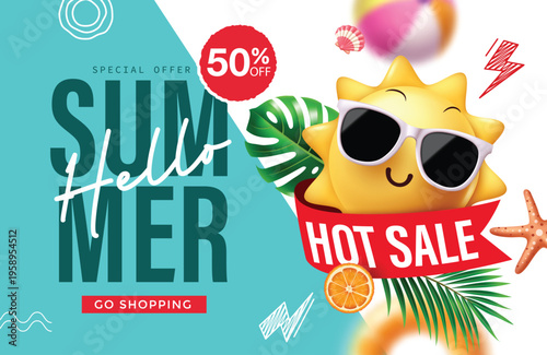 Hello Summer Hot Sale Special Offer Banner with Cute Sun Character and Tropical Leaves Vector