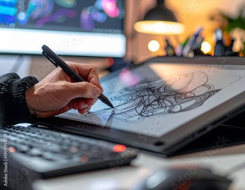 液晶ペンタブレットでイラストを描くデジタルアーティストの手元、スタイラスペンでの創作風景