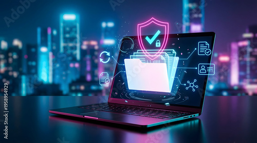open laptop showing secure folder with digital document files and neon shield icon representing data protection cybersecurity and encrypted information storage in a smart city
