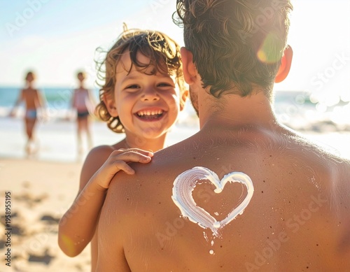 夏の砂浜で親の背中に日焼け止めでハートを描く子供、家族の紫外線対策とレジャー風景