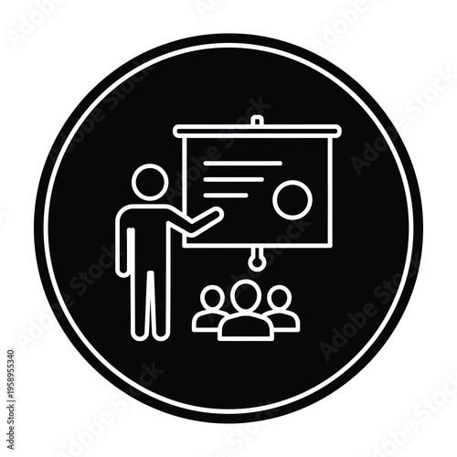 Icon of a man presenting to an audience on a screen  business presentation icon