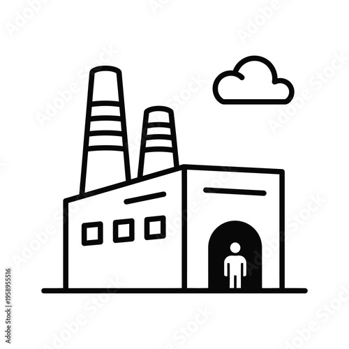 Industrial factory building with smokestacks and person entering doorway outside icon