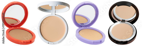 Foto Diverse set of compact makeup powders in various shades and colorful cases for beauty applications