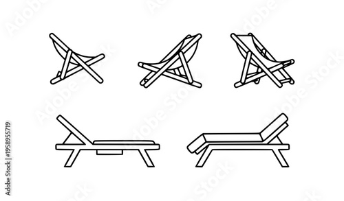 Deck chair outline icons set modern beach furniture vector illustration