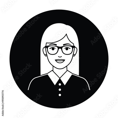 Line art smiling woman with glasses in black circle icon