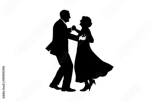 Timeless Dance Silhouette: A silhouette captures a couple elegantly waltzing, embodying romance and the grace of ballroom dancing. The image evokes feelings of love and classic beauty.