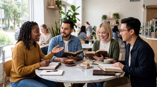 Diverse Group of Friends Studying the Bible Together in a Bright Modern Cafe with Coffee and Notebooks